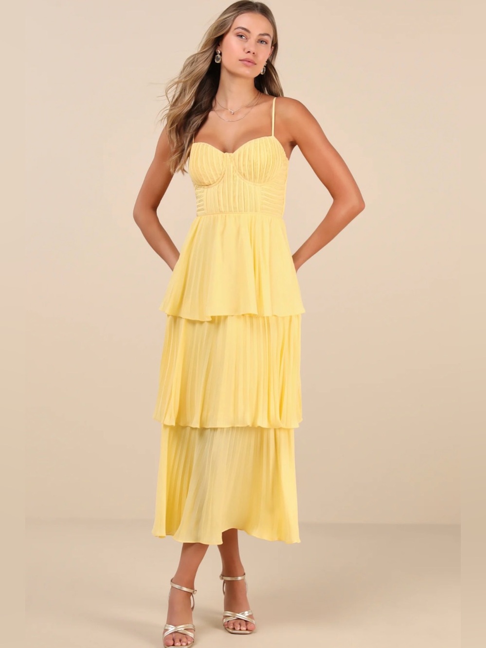 Lulus Cascading Crush Yellow Tiered Bustier Midi Dress Size Medium NEW W/ Tag